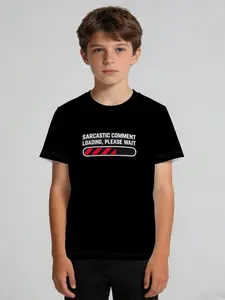 Boys' Short Sleeve T-Shirt "Funky Progress Bar Trendy Toy Style" features an all-over print with an American-style fun slogan theme, is skin-friendly, breathable, and sweat-free, suitable for different outfits for school, shopping, or summer outings