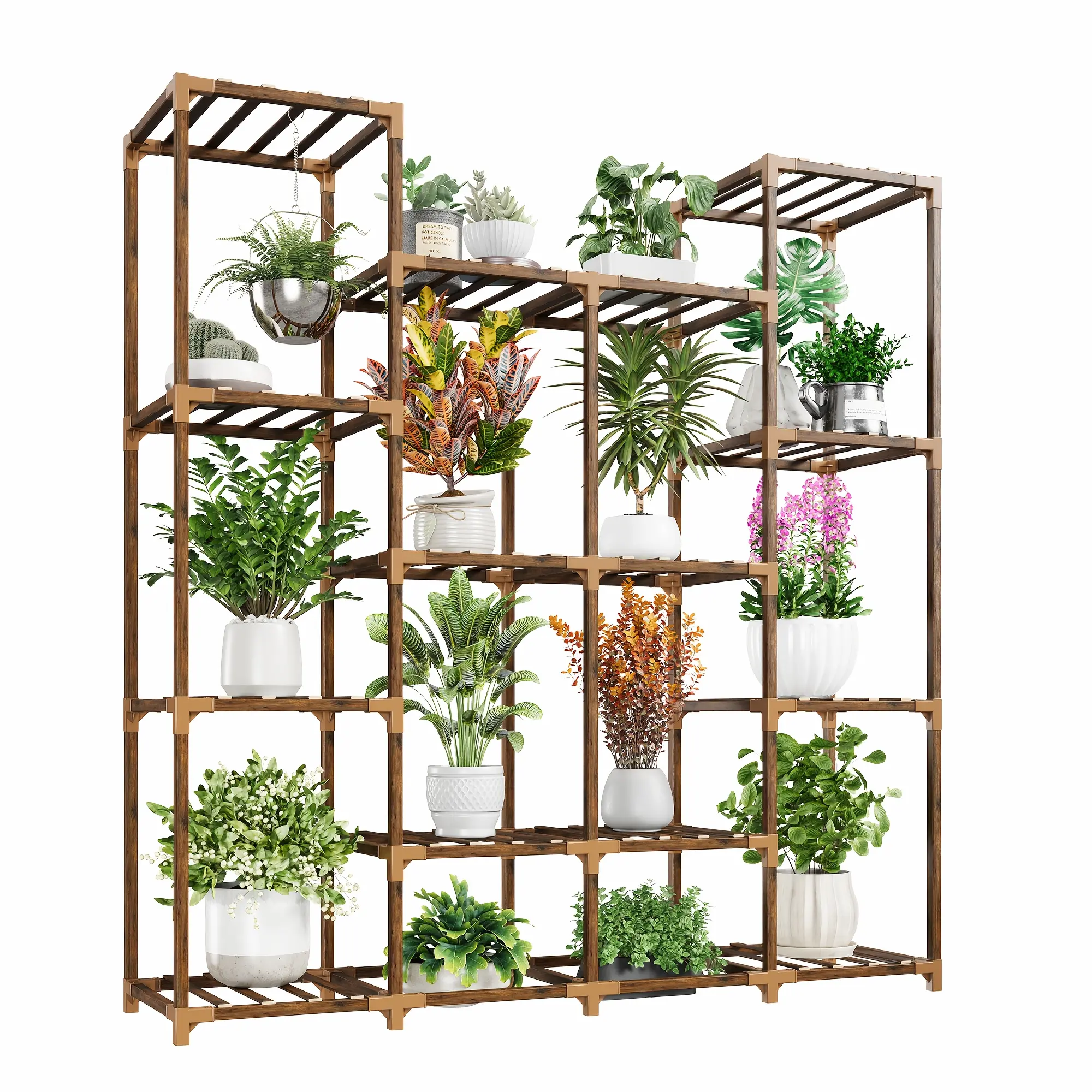14-Tier Wooden Corner Plant Stand - Space-Saving Vertical Design with Hanging Space for Multiple Potted Plants, Rustic Modern Style Indoor/Outdoor Garden Decor for Balcony, Yard, Patio, Balcony Decoration | Natural Wood Finish