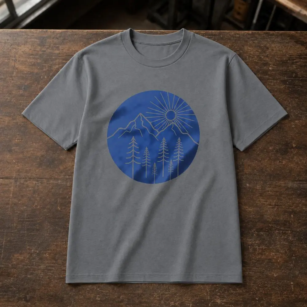 XTAUTO, Outdoor Adventure Style, Unisex T-Shirt, Mountain Sun And Pine Trees Graphic, Summer Hiking Camping, Gift For Nature Lovers