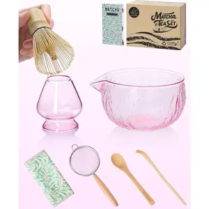 Matcha Whisk Set, 7 Pcs, Matcha Kit Includes Matcha Bowl, Matcha Whisk and Holder, Bamboo Scoop, Spoon, Sifter and Tea Towel, Matcha Set, Gift for Matcha Lovers & Beginners (Glass Pink)