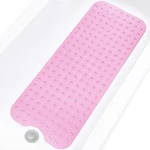 Ultra-Long Non-Slip Bath Mat 100x40cm, with Suction Cups and Drain Holes, Transparent Blue, Bathroom Floor Safety, Bathroom Rug