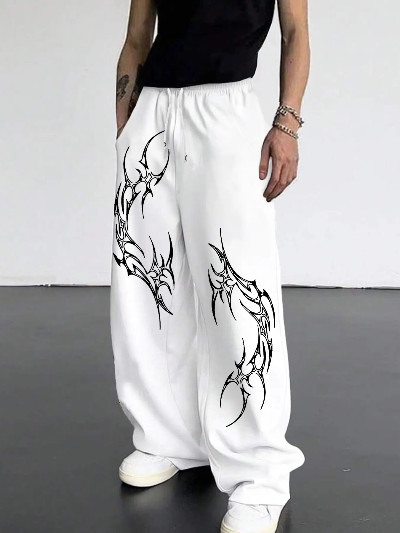 Men's Gothic Angel Dark Style Casual Loose-Fitting Long Graphic Pants, Drawstring Loose Fit, Pockets, Spring New Arrivals, Essential for Campus Trend
