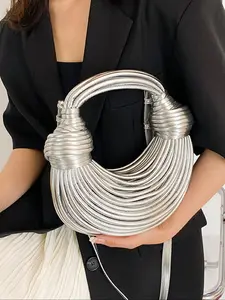 Women's Elegant Silver Color Half Moon Evening Clutch, Designer Wedding Party Handbag, Fashionable Work Bag for All Seasons