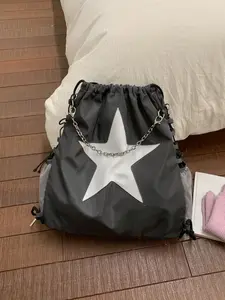 Pentagram drawstring backpack with chain decoration embellishment, mesh side pocket design, drawstring closure, cool Y2K style, versatile item for daily commuting out of the street, full of personality atmosphere