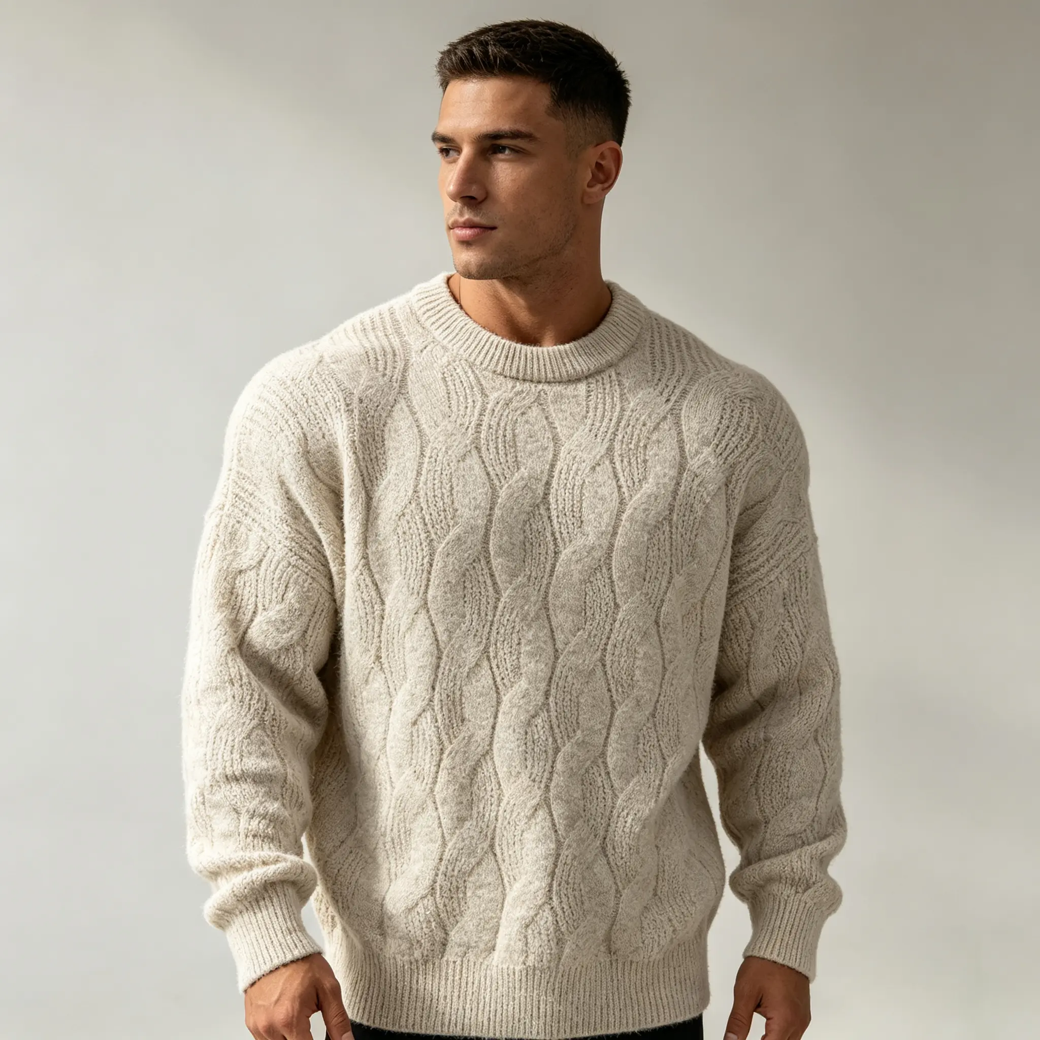 Men’s vintage crew neck knit sweater for spring/autumn, loose fit, thick yet soft and warm, solid color, relaxed pullover long sleeves