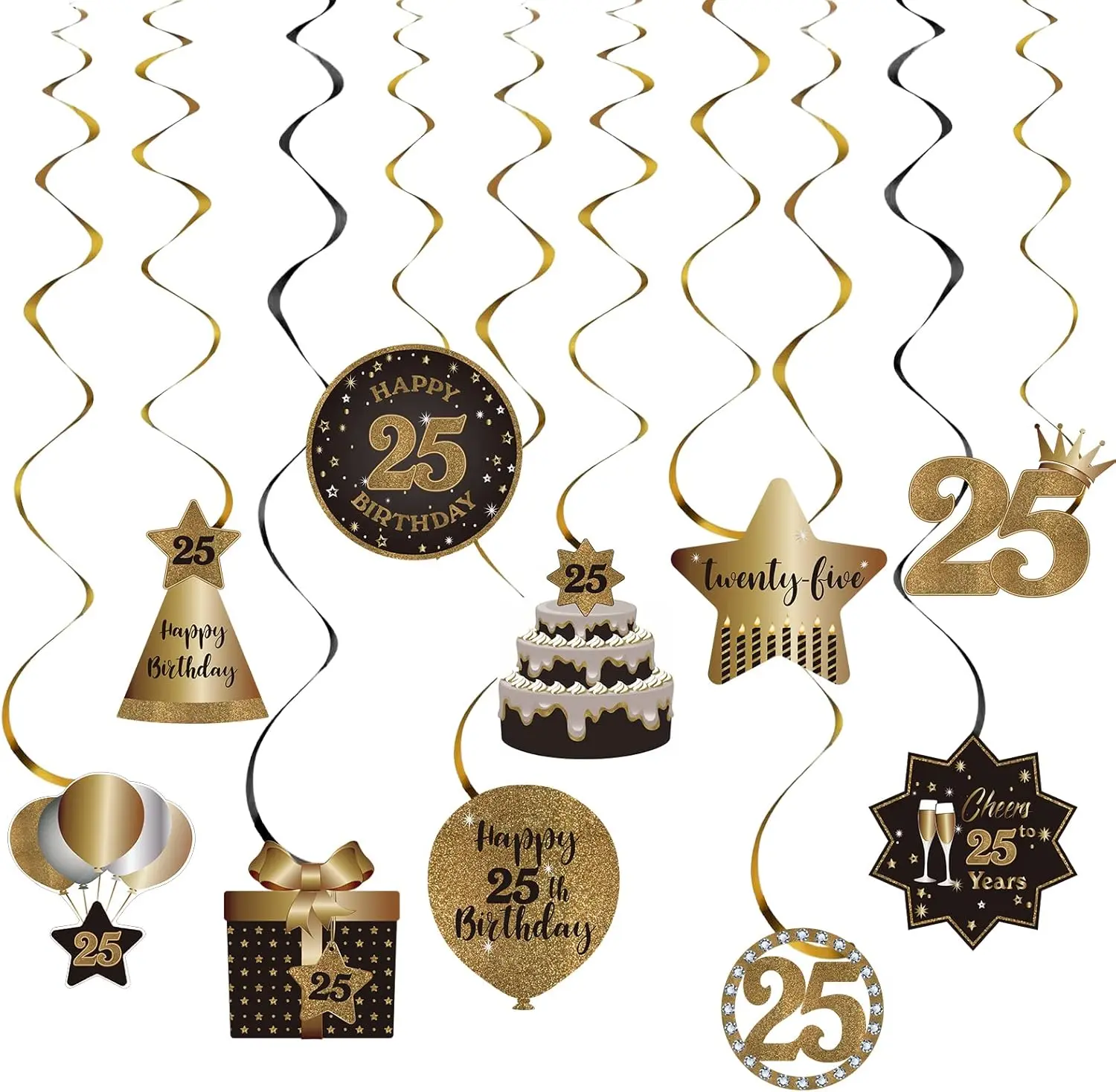 Happy 25th Birthday Party Hanging Swirls Streams Ceiling Decorations, Celebration 25 Foil Hanging Swirls with Cutouts for 25  Black and  Birthday Party Decorations Supplies