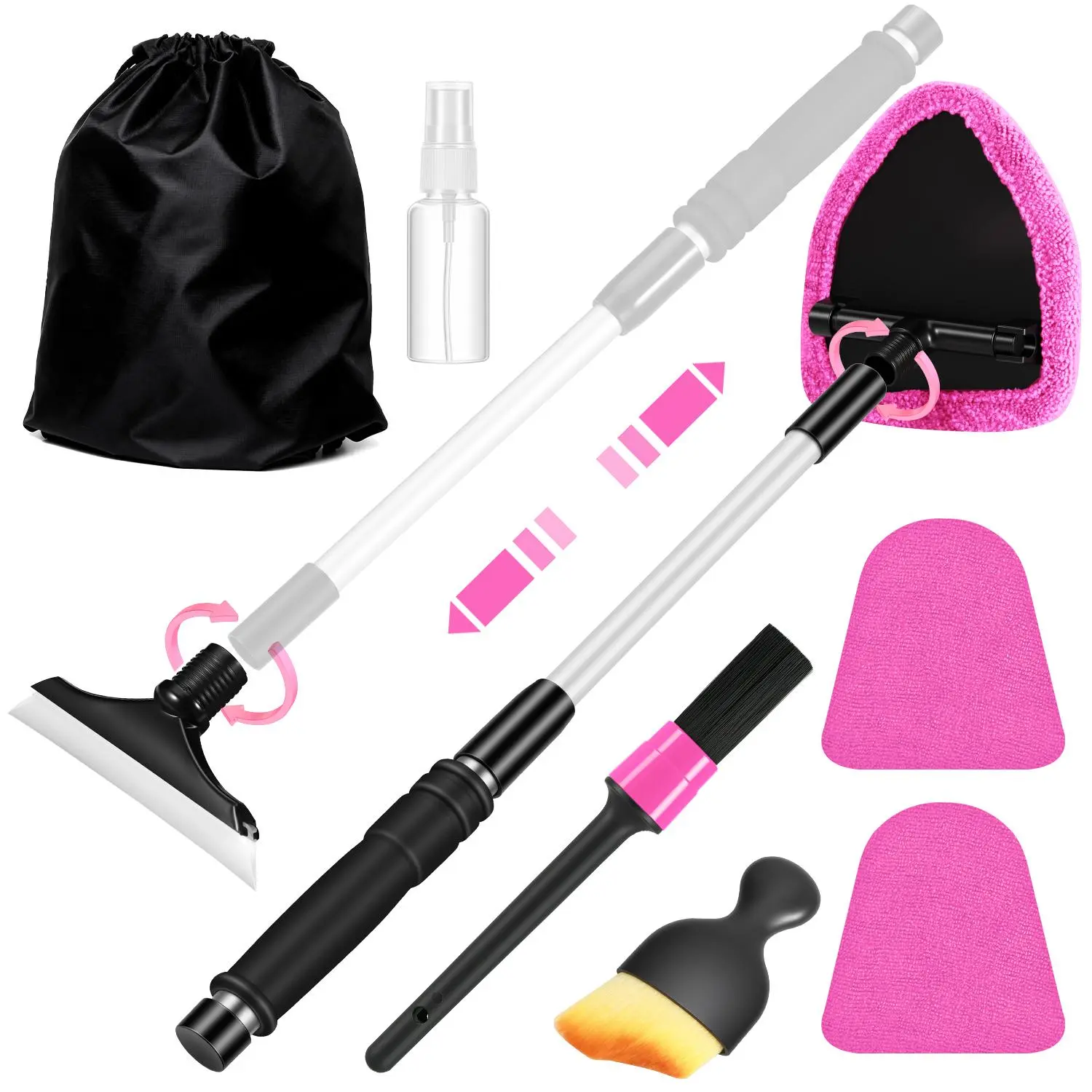 【summerfinds】Windshield Cleaner Tool, Car Interior Cleaning Kit with Extendable Handle and 3 Reusable Microfiber Pads, Auto Glass Wiper and Detailing Brush Kit for Car & Home Window, Pink，Summervibes