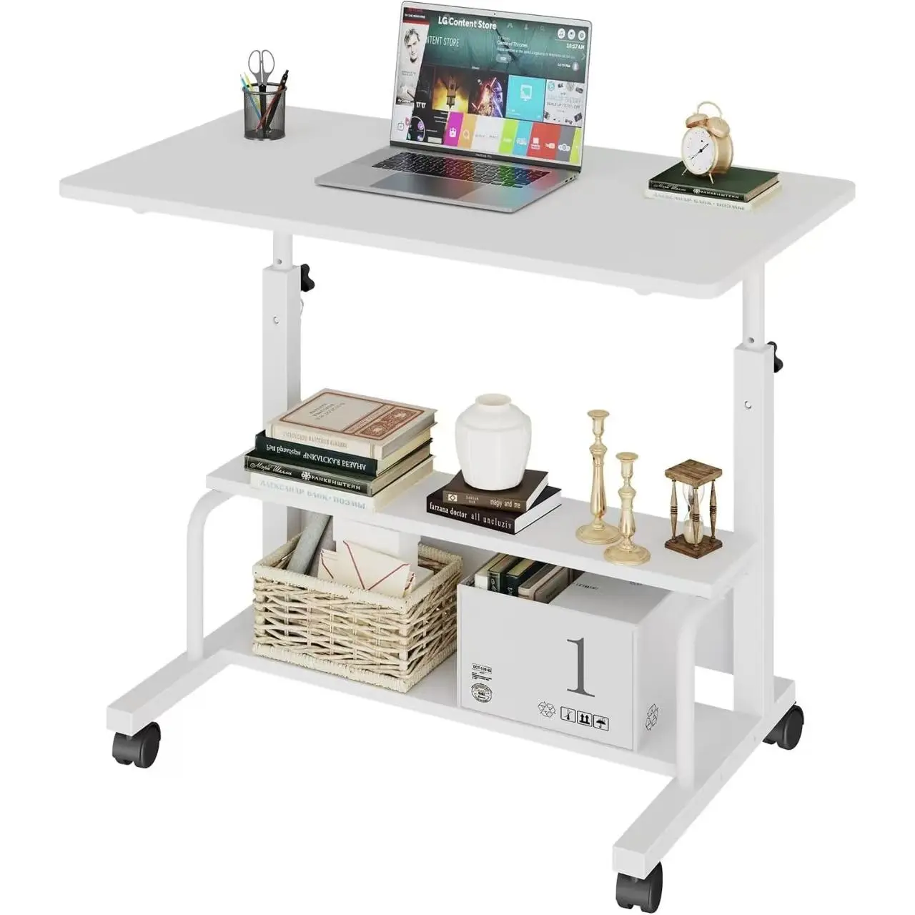 Space-Saving 31.5" Manual Standing Desk, Height Adjustable Mobile Computer Desk with 2-Tier Storage Shelf, Rolling Laptop Table with Lockable Wheels for Small Space Home Office