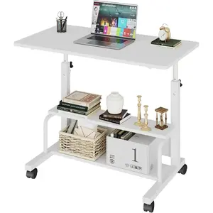 Space-Saving 31.5" Manual Standing Desk, Height Adjustable Mobile Computer Desk with 2-Tier Storage Shelf, Rolling Laptop Table with Lockable Wheels for Small Space Home Office