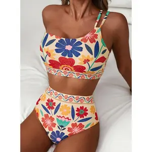 2026 NEW Women's Beach Ball & Kayak Women's  High Waisted Bikini Sets One Shoulder Floral Print Swimsuits 2 Piece Tummy Control Bathing Suits