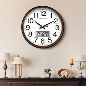Timess 13-Inch Imitation Wood Grain Wall Clock with Silent Quartz, Perpetual Calendar Display, Wooden Chestnut Brown for Home Decor - Bedroom - Design