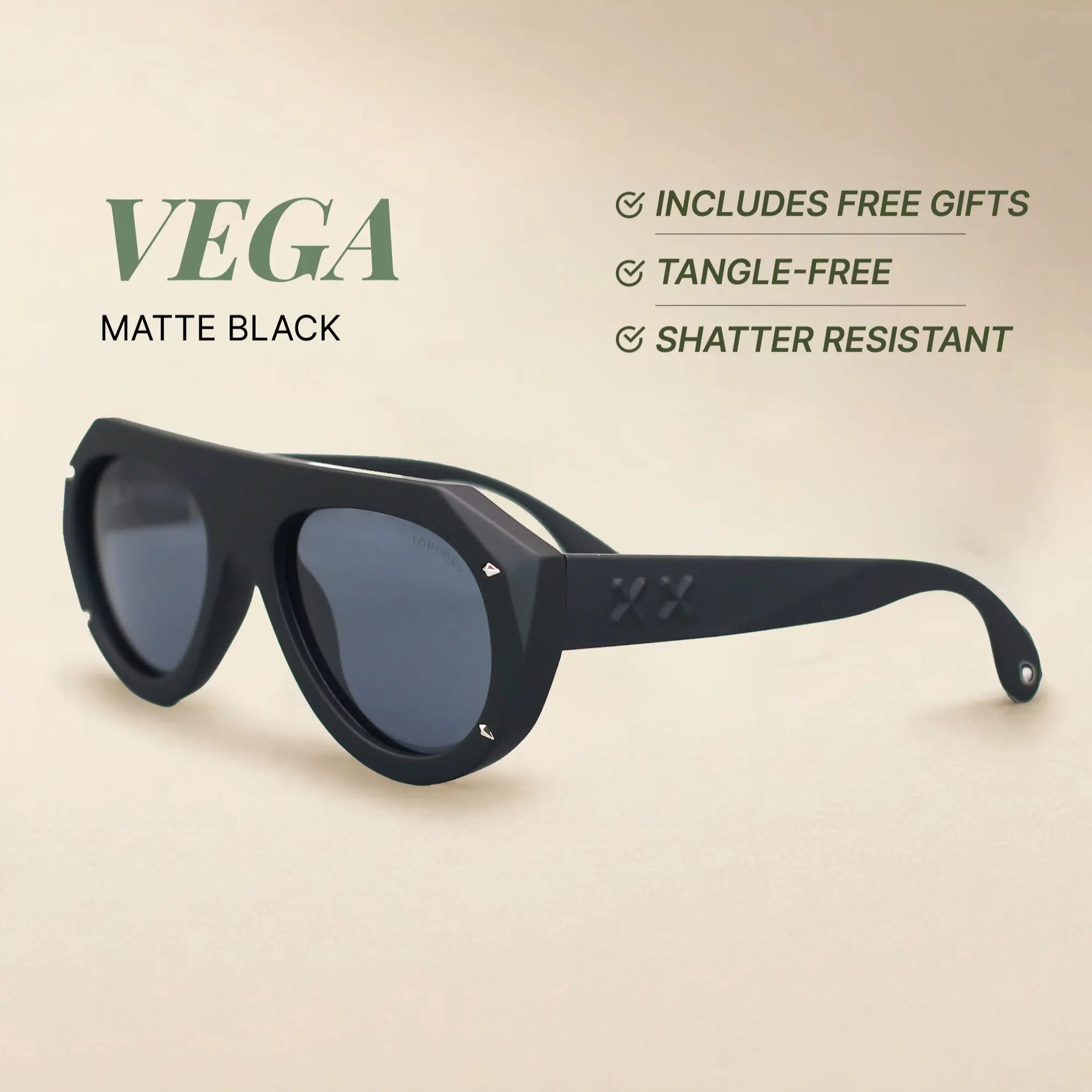 Vega - Matte Black - Tangle Free Shield Sunglasses - Certified Shatter-Resistant Lenses - UV400 - For Women & Men