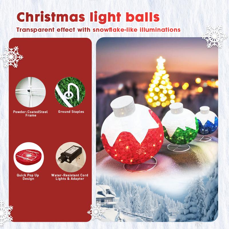 Christmas Outdoor Decoration, Christmas Ball lights, 3-Piece Pop-Up Christmas Ball Set with 184 LED Lights, Pre-Lit Iridescent, 3D Glittered Standing Holiday Display for Outdoor Ornaments