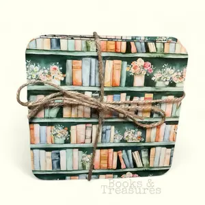 Book-Themed Wooden Coasters Bookshelf Floral Pattern