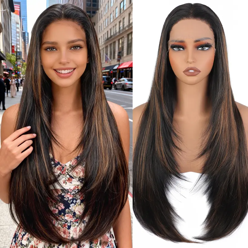 Female 13x4 HD Lace Front Synthetic Wig - 26 Inch Wear and Go Glueless, Long Straight Layered Bangs, Pre-Plucked Pre-Cut Middle Part, Heat Resistant, Adjustable Strap, 13X4 Inch