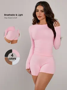 2-piece Set Women's Long Sleeved Shorts Home Suit Set Comfortable Soft Breathable Seamless High Elasticity Suitable for Daily Home Wear Outdoor Travel Wear Night Sleep Women's Sleepwear Set, Loungewear