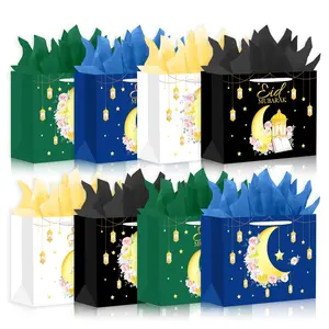 Eid Mubarak Large Gift Bag Set, Party Gift Packs, 4 Unique Designs, Includes Handles & Wrapping Tissue, Ideal for Festive Gifting & Decorations