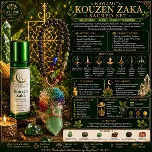 KAYLUMI KOUZEN ZAKA SACRED SET  Abundance • Luck • Harvest Blessings • Prosperity  A handcrafted spiritual set featuring the Kouzen Zaka Perfume Oil and Sacred Grigri Necklace. Inspired by abundance, gratitude, harvest blessings, prosperity, growth, and