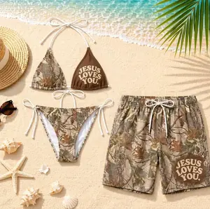 Jesus Loves You Camo Couple Swimwear Set, Matching Bikini and Men's Trunks, Christian Beachwear Gift, Camouflage Swimsuit Outfit