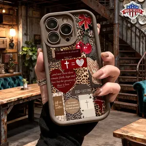 Trendy Leopard Print Christian Faith Cross Heart Collage Pattern Case for iPhone 17 16 15 14 Pro Max 13 12 11 XR XS Plus Air Slim Shockproof Anti Scratch Protective TPU Cover