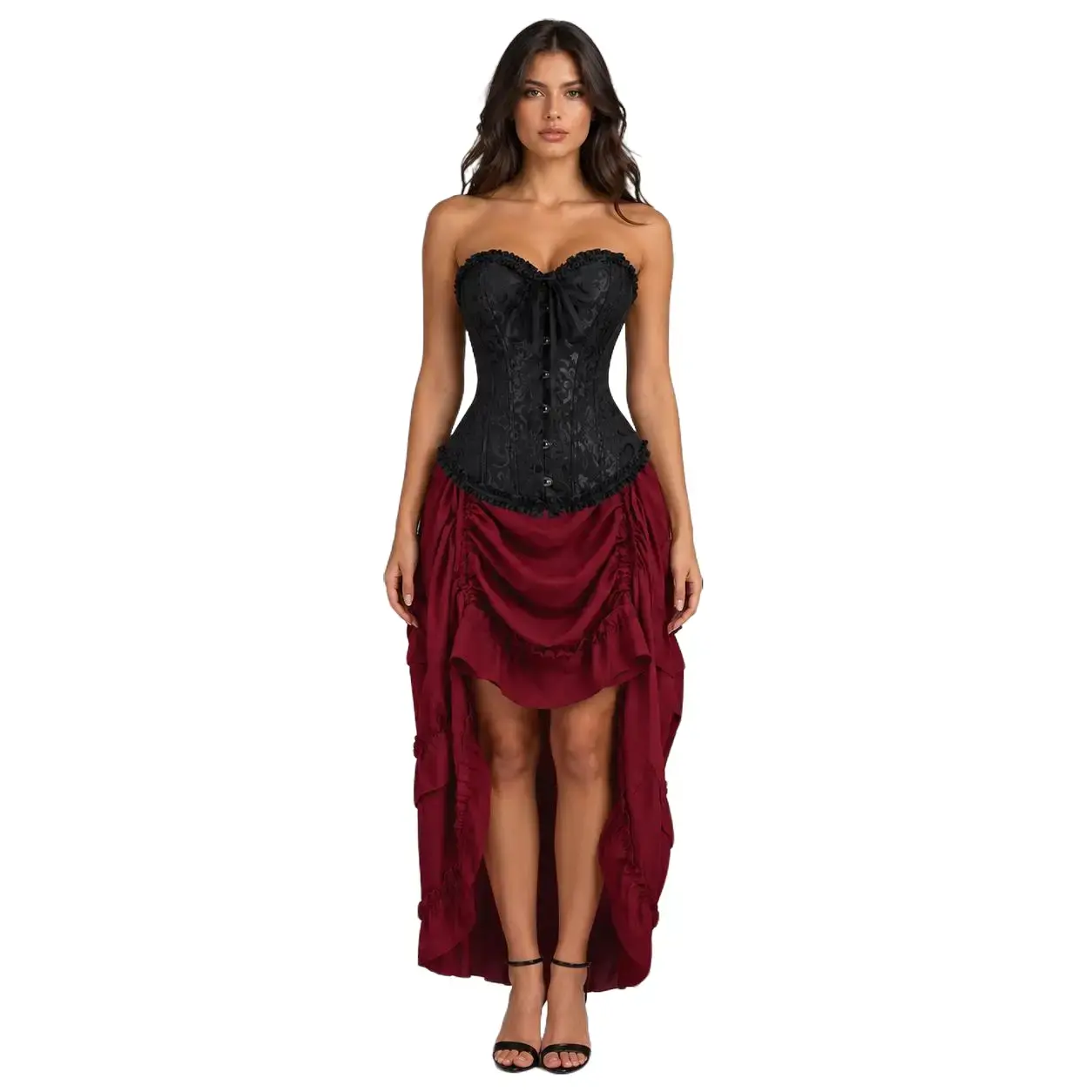 Women’s Gothic Corset Dress Set Halloween Costume Black Bustier Top with Burgundy High Low Ruffle Skirt, Masquerade Party Outfit, Medieval Renaissance Dress