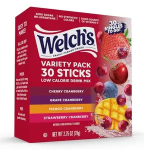 Welch’s Singles To Go! Cranberry Variety Pack Drink Mix, Sugar Free Water Flavor Packets, No Aspartame, No Artificial Dyes, Low Calorie, 4 Flavors (Grape, Mango, Strawberry, Cherry), 30 Sticks