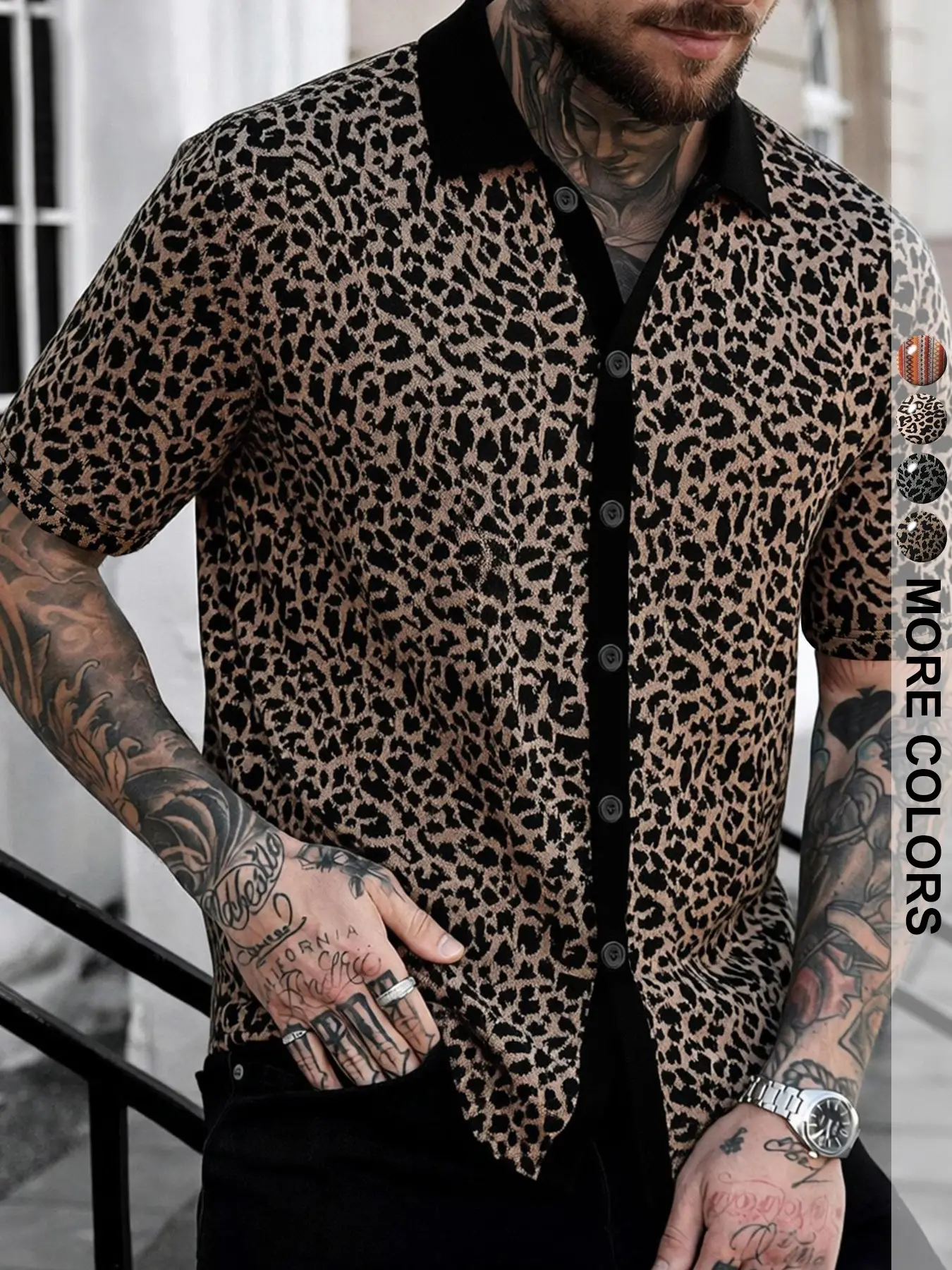 Men's Leopard Print Blouse, Leopard Pattern, Casual Loose-Fitting Long Shirt, Short Sleeve H-Type, All Seasons Fashion, Comfortable Outdoor Wear