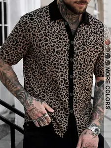 Men's Leopard Print Blouse, Casual Loose-Fitting Long Shirt, Short Sleeve H-Type, All Seasons Fashion, Comfortable Outdoor Wear