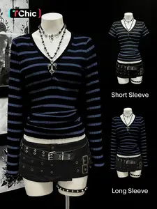 Women's long sleeved and short sleeved T-shirt Gothic style black gray striped V-neck slim knit top, with a close fitting knit material that looks slim and creates a niche Gothic atmosphere.