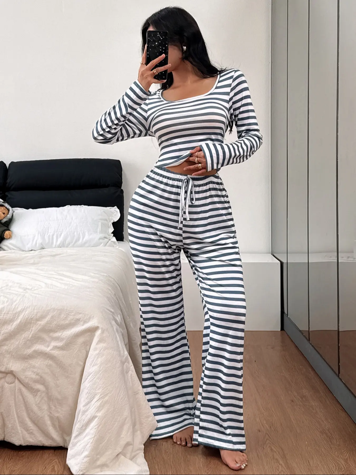 Women's Autumn Winter Pajama Set, Loungewear, Homewear, Nightwear, Long Sleeve, U Neck Design, Striped Print Casual Simple Style, Soft Skin-Friendly Fabric, Indoor Outdoor Wear, Womenswear, Nightwear Pajamas, Pajama Loungewear Pjs