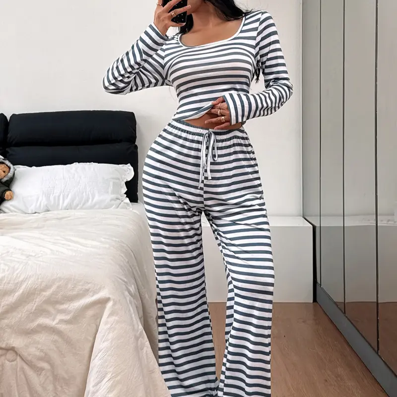 Women's Autumn Winter Pajama Set, Loungewear, Homewear, Nightwear, Long Sleeve, U Neck Design, Striped Print Casual Simple Style, Soft Skin-Friendly Fabric, Indoor Outdoor Wear, Womenswear, Nightwear Pajamas, Pajama Loungewear Pjs