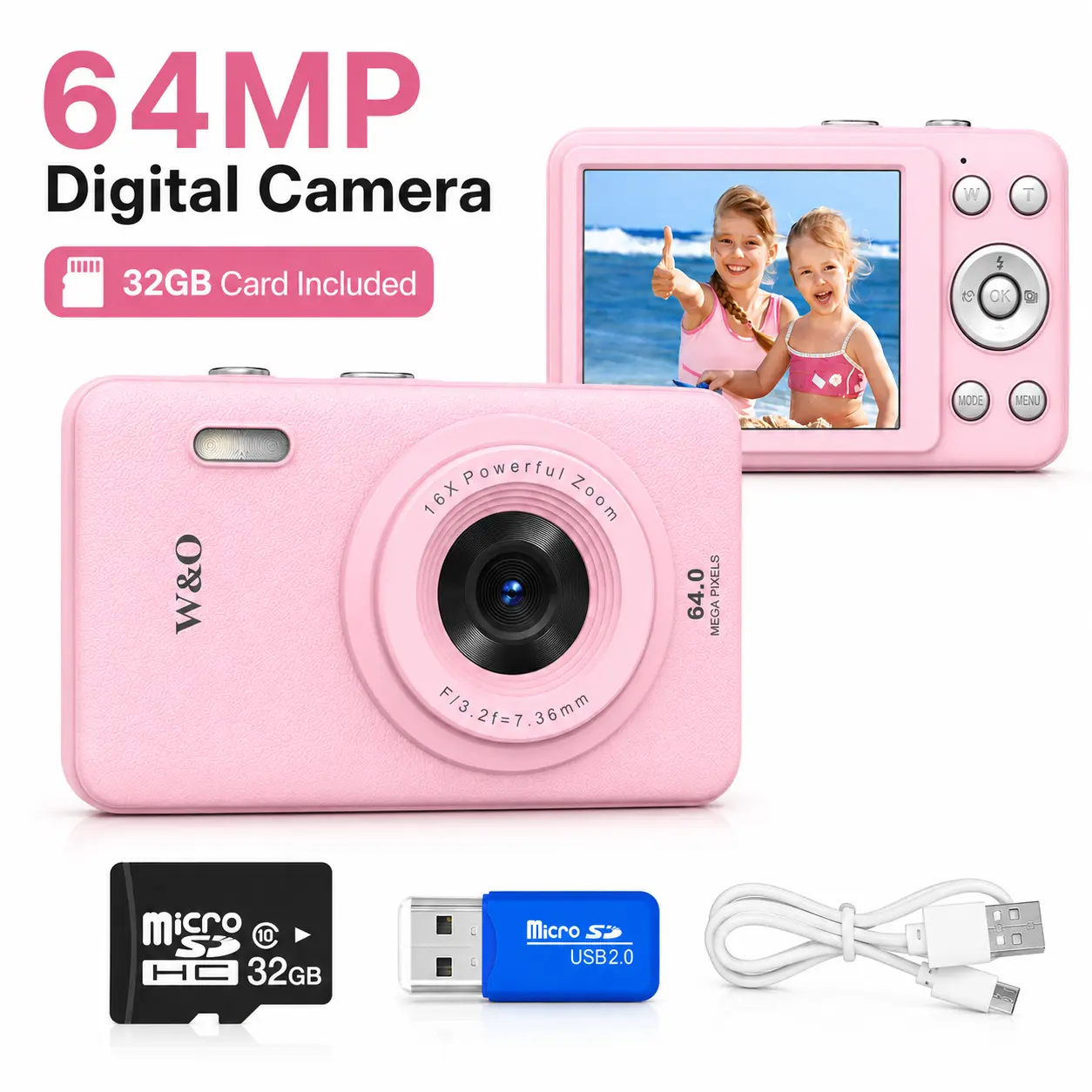W&O Digital Camera for Kids & Teens, Compact Point-and-Shoot Camera, 2.8-Inch Screen, Rechargeable Beginner Camera, MP3 Playback, Supports Up to 128GB, Pink daily vlog teenager student outdoor