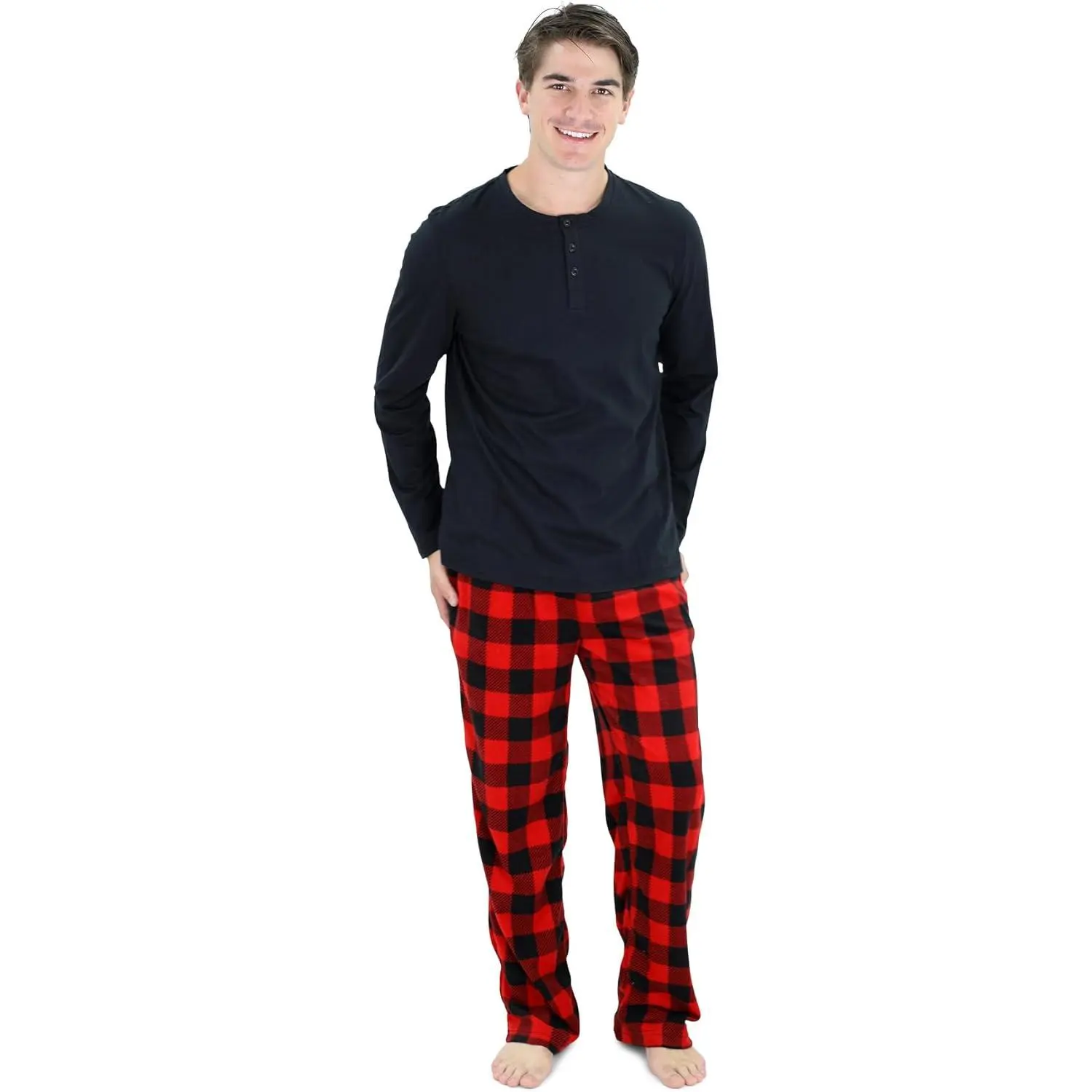 Cherokee Men's 2-Piece Classic Checkered Knit Pajama Set - Relaxed Fit Long-Sleeve Top with Side Pockets & Button Neck, Soft Cozy Elastic Waist Polyester Micro-Fleece Pants, Breathability Sleepwear Loungewear, Longsleeves, No Fly Waist, Cotton, Menswear,,