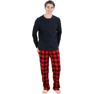 Cherokee Menswear Men's 2-Piece Knit Checked Pajama Set - Longsleeves Cotton Top with Pockets & Button Neck, Soft Elastic Micro-Fleece Pants, Sleepwear Loungewear