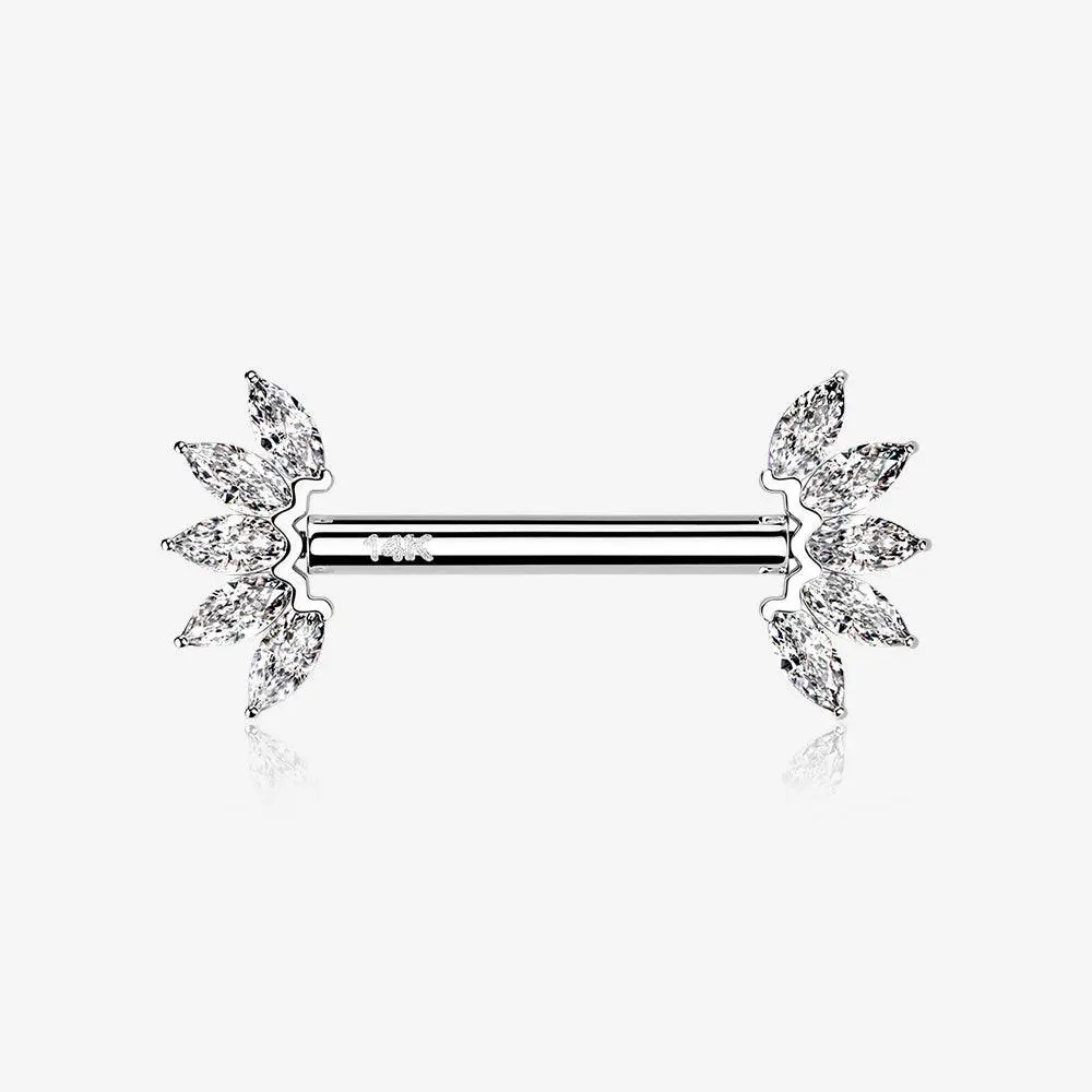 A Pair of 14 Karat White Gold OneFit™ Threadless Marquise Sparkle Floral Nipple Barbell