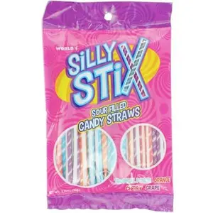 Silly Stix Sour Filled Candy Straws 2.75oz Bag - Tropical Punch, Orange, Cherry, Grape (Pack of 1)