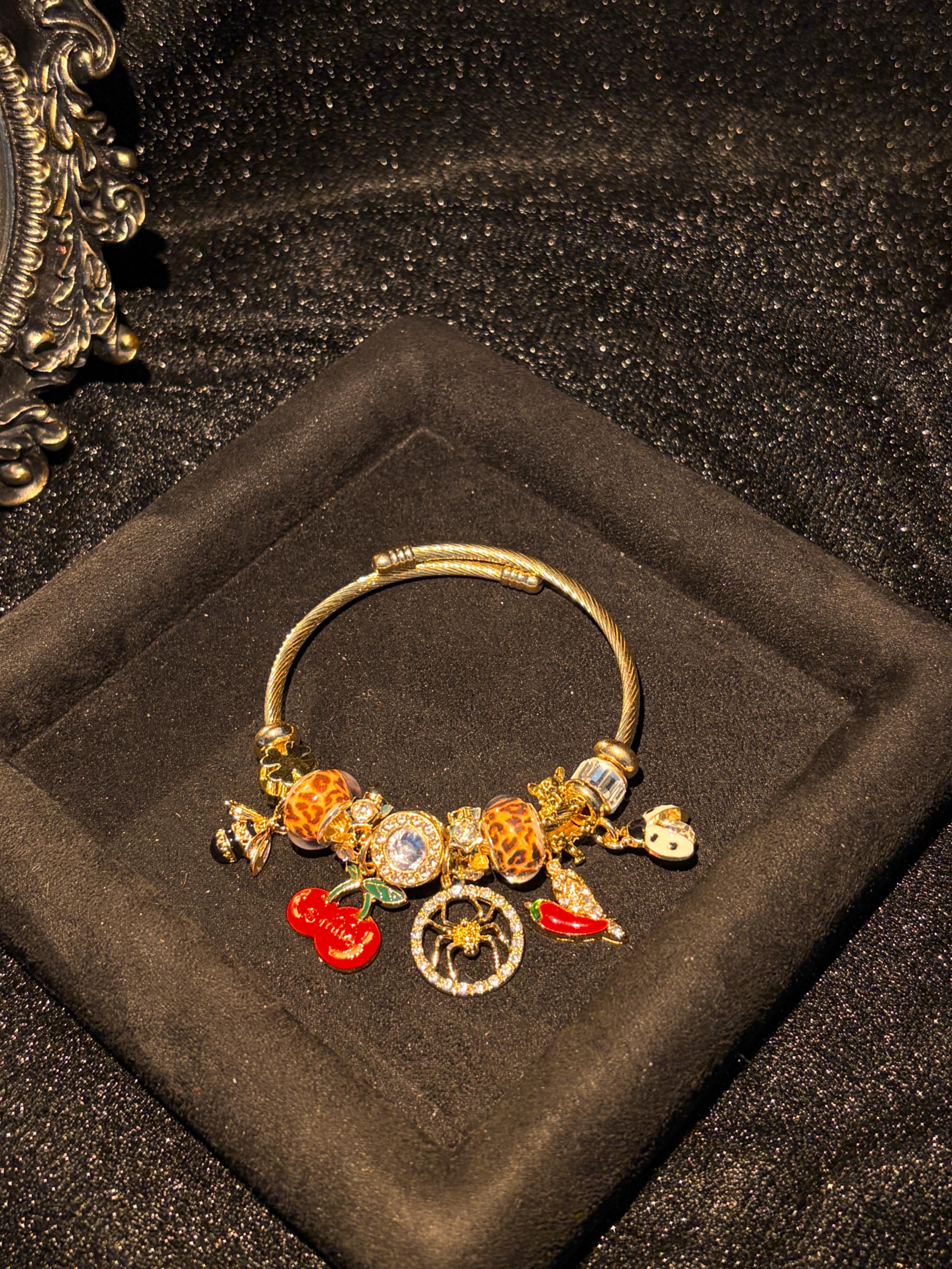 Women's Gold-Tone Open Bangle Bracelet - Leopard Print, Cherry, Spider, Bee, Chili Dangle Charms - Sparkling Rhinestone Enamel Statement Jewelry Gift for Women Women's Gold-Tone Open Bangle Bracelet - Leopard Print, Cherry, Spider, Bee, Chili Dangle Charms - Sparkling Rhinestone Enamel Statement Jewelry Gift for Women