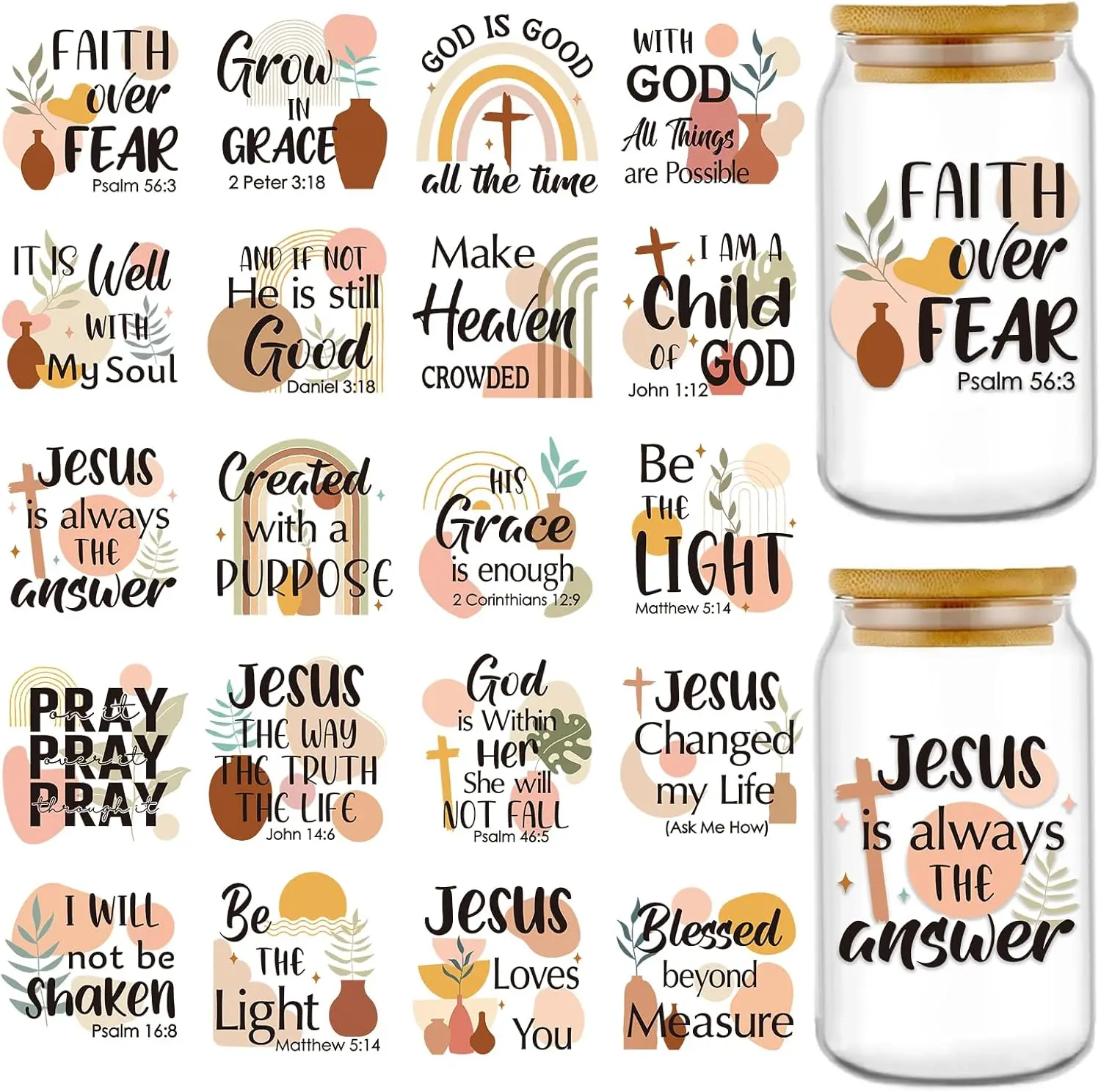 20 Sheets Bible Christian UV DTF Cup Wrap, Cold UV DTF Sticker | Boho Jesus God Uvdtf Decals, for16 oz Glass Cups Water Bottles, Waterproof Rub on Transfer Stickers, DIY Crafts