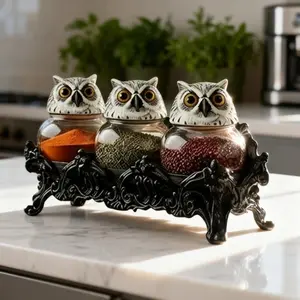 Witchy Owl Apothecary Spice Jars, Handcrafted Owl Spice Jar Set for Salt Pepper, Vintage Apothecary Jars with Lids, Gothic Food Storage Containers