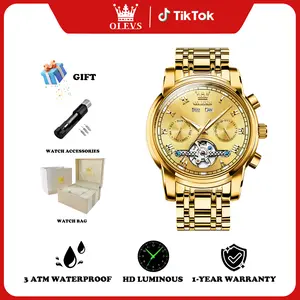 OLEVS Self Winding Watches for Men Automatic Mechanical Dress Tourbillon Stainless Steel Dual Calendar Waterproof Luminous Wrist Watch