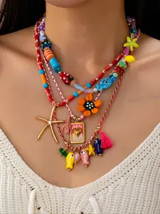 Boho Chic Layered Beaded Necklaces Set, Handmade Braided Cord Necklace with Fish & Starfish Charms, Enameled Heart Design