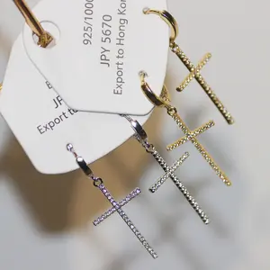 Cross-shaped long earrings with micro-inlaid zirconia, unique design, bold and distinctive ear cuffs