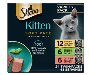 Sheba Perfect Portions Kitten Wet Cat Food Variety Pack - 12 Savory Chicken, 6 Tender Turkey, 6 Delicate Salmon Entrees, 2.6 oz Twin-Pack Trays, 24 Count, 48 Servings