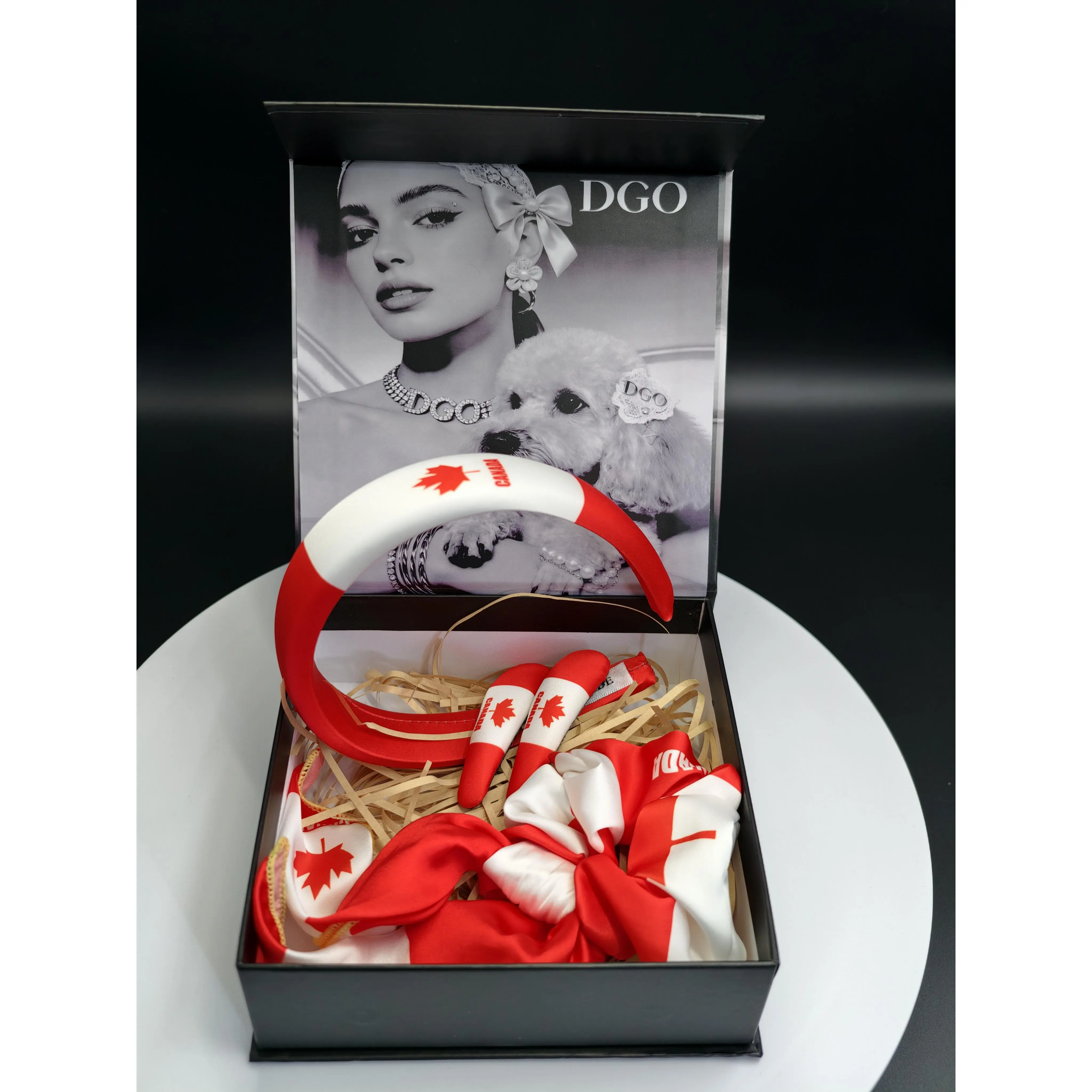 Cute Canada Soccer Hair Accessories for Girls & Women in Red & White Maple Leaf Flag - Satin Set with Headband, Scrunchie, Hair Clips & Bandana Scarf, Gentle on Hair for Soccer Game Day & Canada Day July 1st, Gift Boxed, a Sweet Keepsake Gift