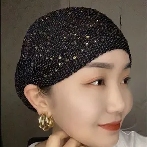 1-Piece Full Cover Bonnet Hat - Elastic Breathable Headscarf with Rhinestone Accents in White Color, Perfect as Gift & Daily Hair Protection for Women, Soft Stretch Fabric with All-Day Comfort
