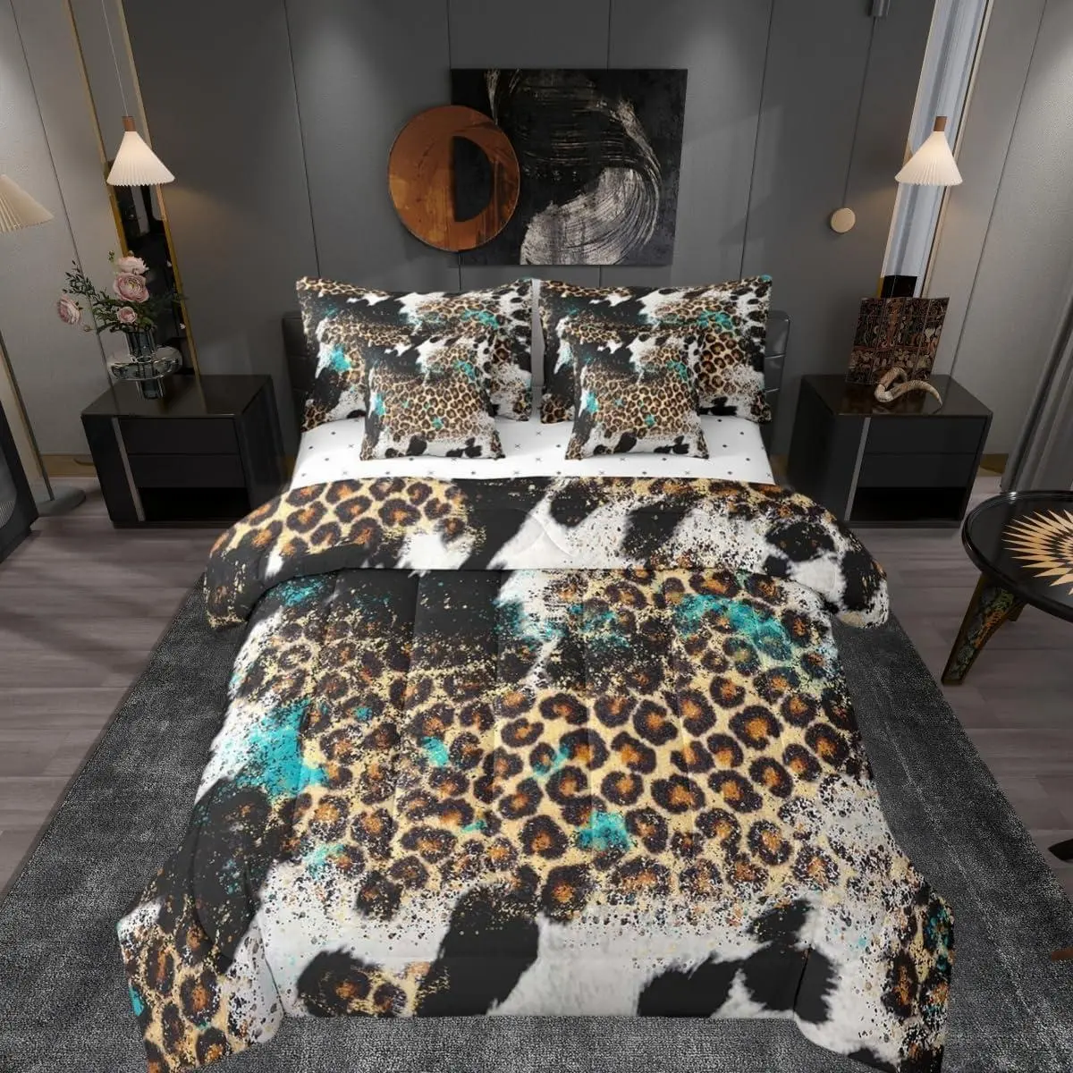 Feelyou King Size 7-Piece Bed Comforter Set - Matching Aesthetic Bedding Sets Collections, Leopard Print, Abstract Animals, Cozy Cow Fur, Rustic Farmhouse Style, Breathable Soft (Comforter, Fitted Sheet, Flat Sheet, 2 Pillowcases, 2 Throw Pillow Covers)
