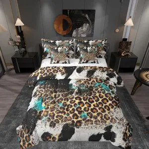 7 Pieces Leopard Print Kids Comforter Set,Black White Cow Fur Texture Abstract Animals Skin Bedding Set,Rustic Farmhouse（Comforter+Fitted+Flat Sheet+2 Pillowcases+2 Throw Pillow Covers）