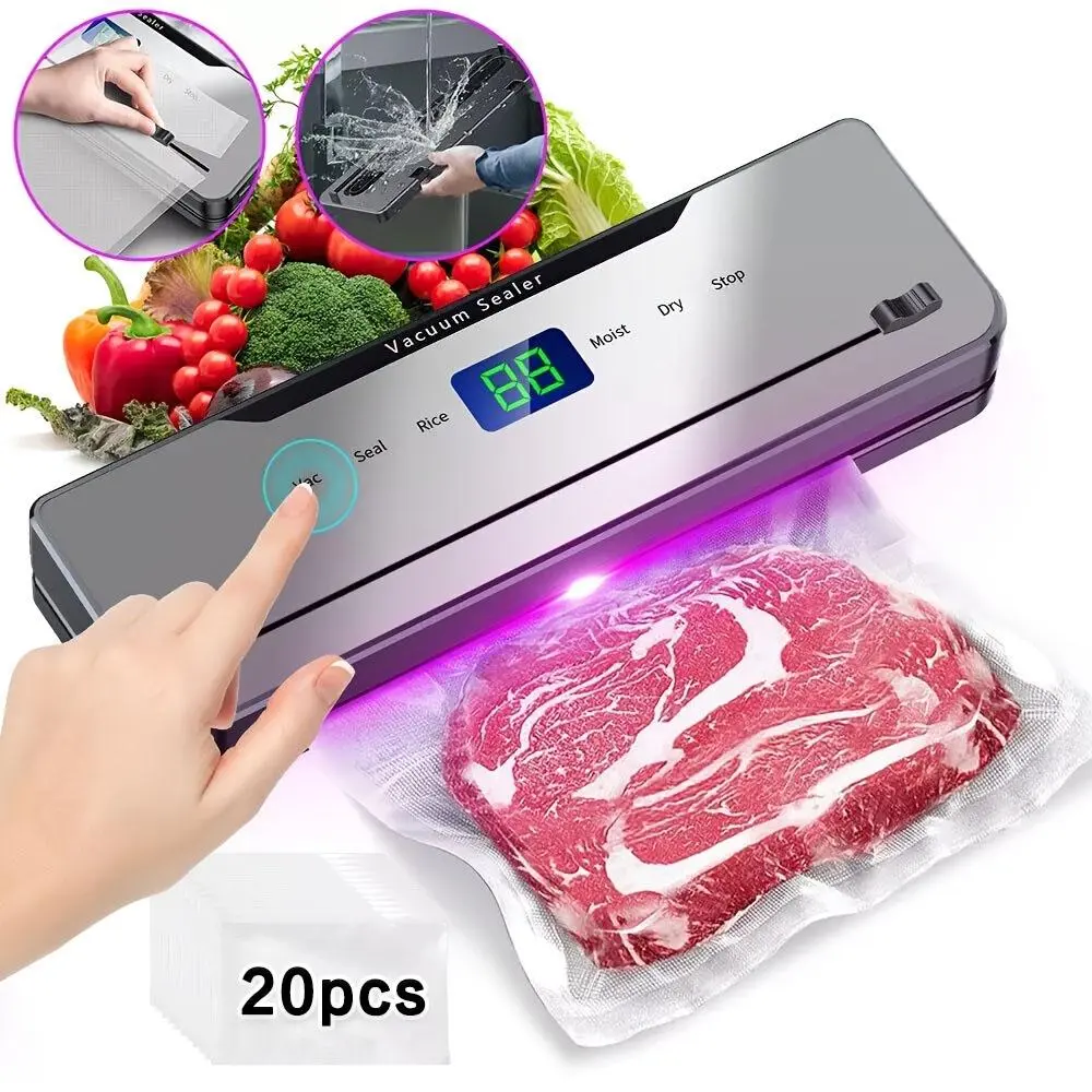 Automatic Vacuum Sealer Machine 5 Modes Dry Moist Rice Seal with Built-in Cutter, Compact One Touch Food Sealer for Sous Vide & Wet Dry Food Storage, Include 20Pcs Vacuum Sealer Bags