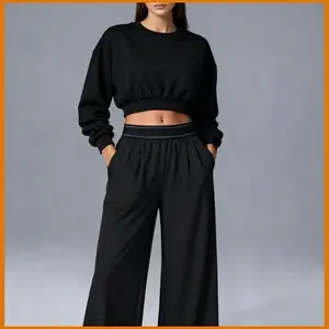 H Solara Outdoors 2025 Women's Fall Winter Trend 2-Piece Set - Cropped Terry Cloth Long Sleeve Sweatshirt & Black Quick-Dry Trousers. Soft Stretch, Breathable for Office Commute, Daily Wear & Casual Outings.