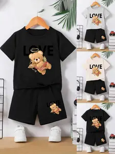 Boys Summer Short Sleeve Shorts Set, Cute Cupid Bear Print, Soft Breathable Fabric, Loose Fit, Casual Daily Wear, Kids Comfortable